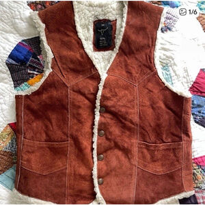 VTG Steer Brand Men’s Rust Leather Snap Faux Shearling Sherpa Western Vest - Med